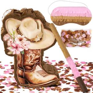 lot 26119 image: OBBOLO Cowgirl Pinata, Cute Western Horse Pinata for Birthday Girl party Favors, Pink Brown Boot pinata for Girls, Girls Birthday Party Decorations Supplies ( Dented) - Retail $26