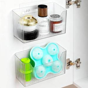 lot 26121 image: MZYIWUU 3 Pack Cabinet Door Organizer, Adhesive Wall Mounted Organizer Bins, Clear Storage Caddy, Stackable Basket for Kitchen Cabinets, Bathroom, Pantry, Office, and Tabletop Organization - Retail $14