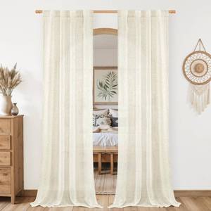 lot 26147 image: LAMIT Natural Linen Boho Curtains 80 inch Length 2 Panels, Cream Ivory Light Filtering Semi Sheer Panels Back Tab and Rod Pocket Neutral Drapes for BedroomLiving Room, 34 x 80 Inch - Retail $27