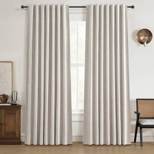 lot 26149 image: 100% Blackout Curtains 84 Inch Length 2 Panels Set Farmhouse Style for Bedroom WindowsLiving Room Thermal Insulated Neutral Boho Drapes Linen Blend Natural Ivory 7ft Long Hook Belt PleatedBack Tab - Retail $30
