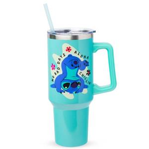 lot 30247 image: Silver Buffalo Disney Lilo and Stitch Aloha No Bad Days Chillin Double Walled Stainless Steel Tumbler with Handle and Straw, Fits in Standard Cup Holder, 40 Ounces - Retail $25