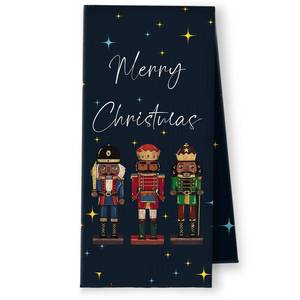 lot 30256 image: YRDBGHZDF Christmas Black Nutcracker Kitchen Towels, Merry Christmas Dish Tea Towels, Glitter Traditional Xmas Nutcrackers Decorative Hand Towels for Bathroom Kitchen, 16x24 Inch - Retail $10