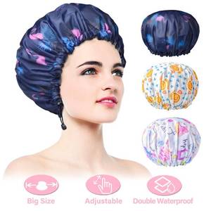 lot 30258 image: 3 Pack Extra Large Double Layer Adjustable Shower Caps for Women, Waterproof Exterior & EVA Lining, Oversized Design for All Hair Lengths - Retail $9
