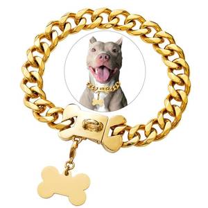lot 30266 image: Gold Stainless Steel Cuban Link Heavy Duty Dog Collar for Small Medium Large Dogs, American Bully French Bulldog Dog Necklace Collar with Safety - Retail $43