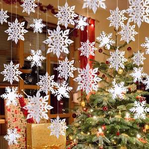lot 30286 image: OuMuaMua Winter Christmas Hanging Snowflake Decorations, 12PCS Snowflakes Garland & 12PCS 3D Glittery Large White Snowflake for Christmas Winter Wonderland Holiday New Year Party Home Decorations - Retail $13