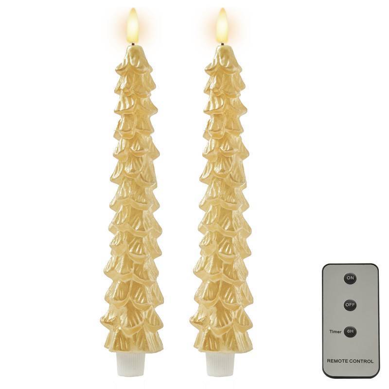 lot 24376 image: DN DECONATION Flameless Christmas Tree Candles with Remote, LED Christmas Flameless Taper Candles Battery Operated, Gold Tree Shaped Fake Candle Sticks for Xmas Table Decor Window Decorations 2PCS