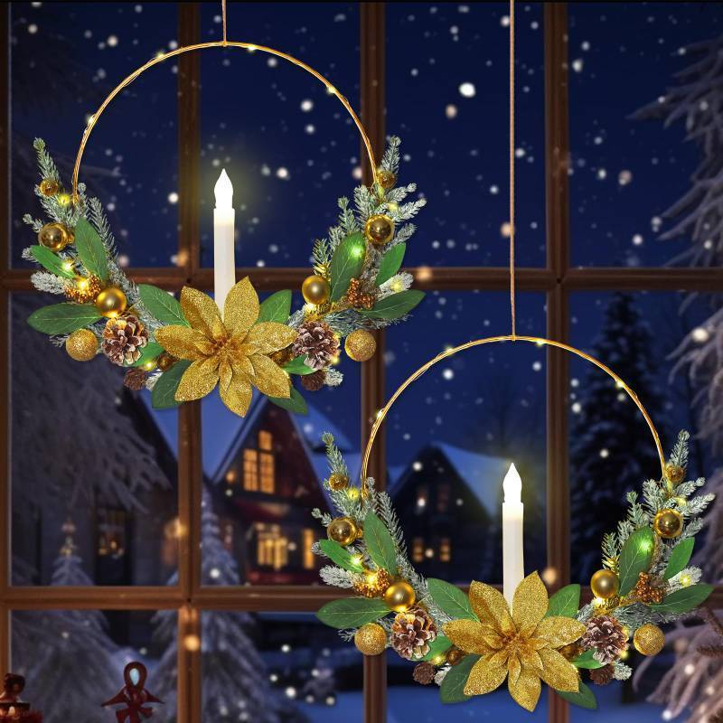 lot 24401 image: Betylifoy 2 Pack Christmas Wreath for Front Door 17 Prelit Christmas Door Wreath with Candle Lights Gold Flowers Artificial Hoop Wreaths Outdoor Xmas Winter Wreath for Window Fireplace Holiday Decor - Retail $20