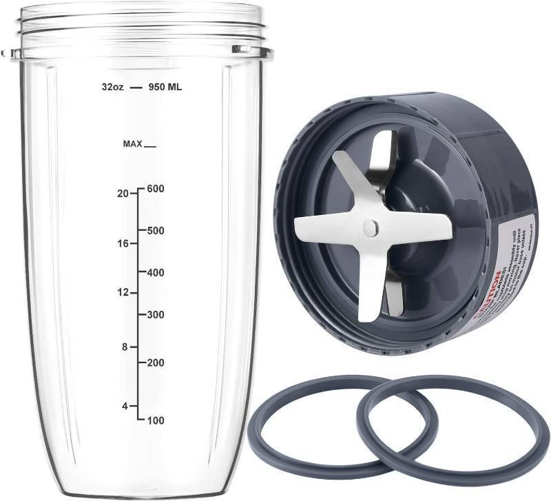 lot 25599 image: New Blender Cup and Blade Replacement Parts 32oz Cup and Extractor Blade and 2 Rubber Gaskets 4-Piece Compatible with NutriBullet High-Speed BlenderMixer System 600W900W Series - Retail $20