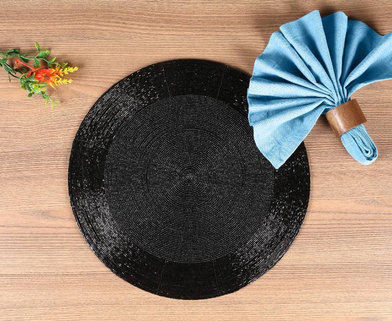 lot 29842 image: Lightnpro Round Black Beaded Placemats Set of 2- Handcrafted Decorative Table Chargers - Elegant Farmhouse Table Mats for Dining, Holiday Dinner, Parties, Wedding & Home Decor - 13 Inch Black - Retail $26