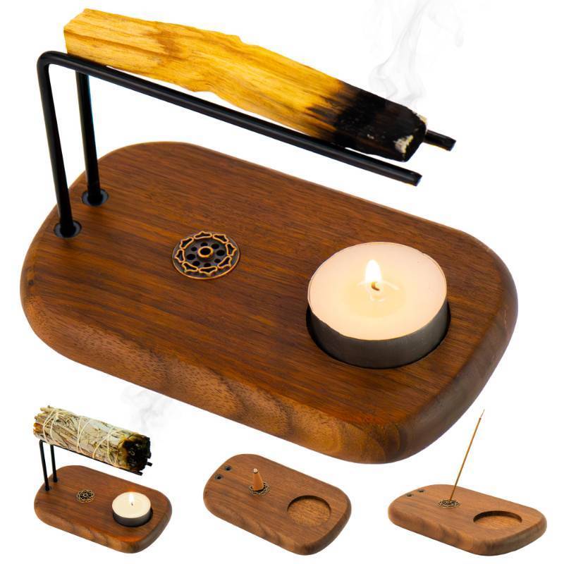 lot 29860 image: PLEARTY 4 in 1 Walnut Wood Palo Santo Holder Hand-Crafted Incense Sticks Holder for Burning Sage with Booklet The Most Complete Palo Santo Holder for Your Meditation Room Home Decor Gift