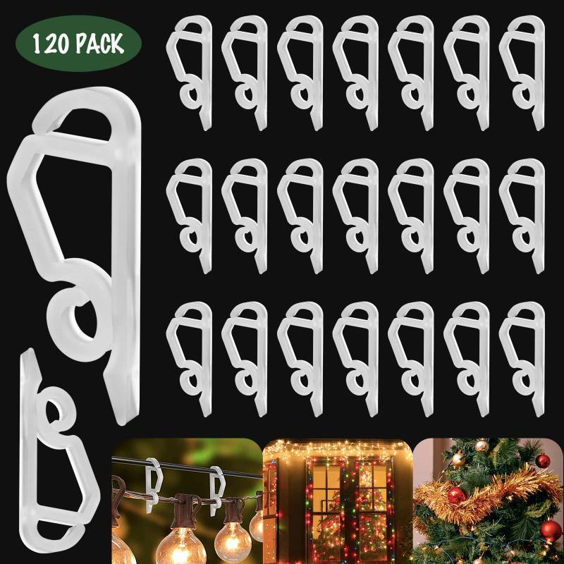 lot 29877 image: Geegoods Christmas Light Clip,120 Pcs Plastic Outdoor Weatherproof Holiday Gutter Hooks Clips for Outside String Lights Christmas Decoration - Retail $10