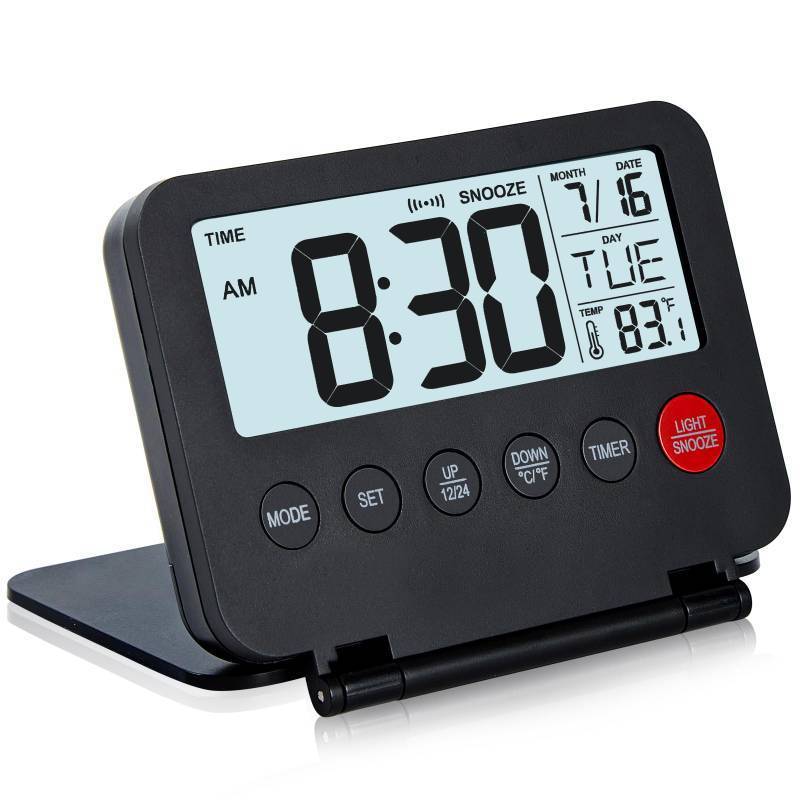 lot 39897 image: KANBIT Small Digital Travel Alarm Clock, Large LCD Display Front Button with Date & Temperature, Snooze and 8 Seconds Backlight AAA Battery Operated Desk Clock for Home & Office, Black - Retail $12