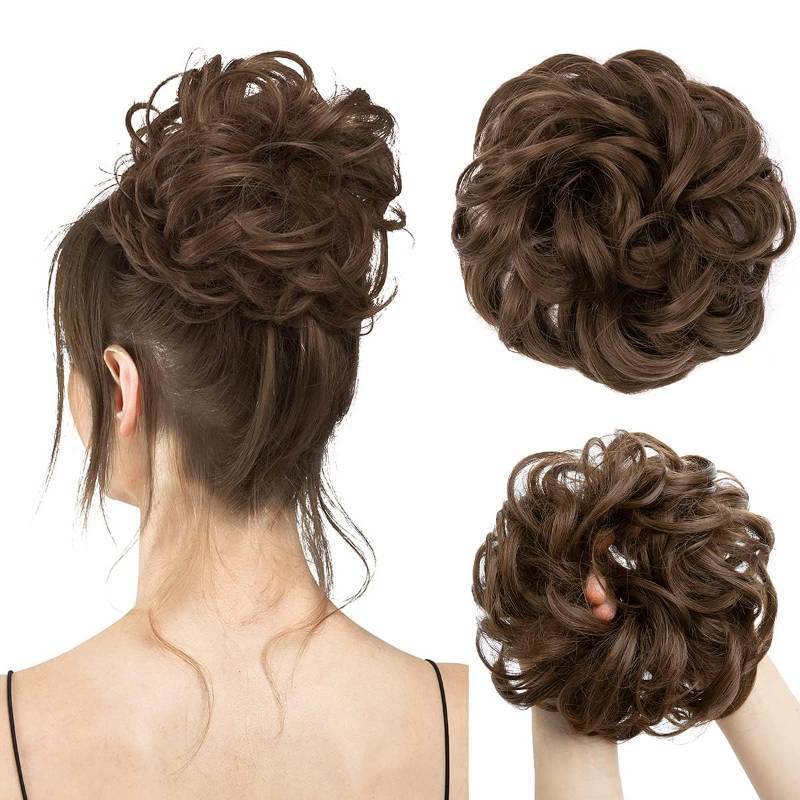 lot 48729 image: CJL HAIR Large Messy Bun Hair Piece Wavy Curly Scrunchies Synthetic Chignon Ponytail Hair Extensions Thick Updo Hairpieces for Women Medium Brown - Retail $10