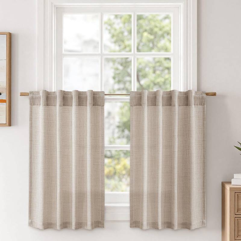 lot 48739 image: MIULEE Linen Textured Small Kitchen Window Curtains Over Sink, Semi Sheer Farmhouse Cafe Curtain 36 Inch Long Short Back Tab Half Window Curtains for Bathroom Basement 1 Panel - Retail $10