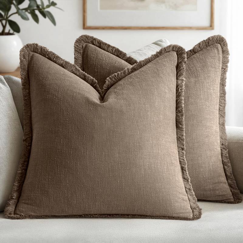 lot 48741 image: MIULEE Decorative Throw Pillow Covers Neutral Linen Fringe Throw Pillows Set of 2 Cocoa Brown Boho Farmhouse Cushion Covers for Couch Sofa Bed Living Room Spring Home Decor 20x20 Inch - Retail $28