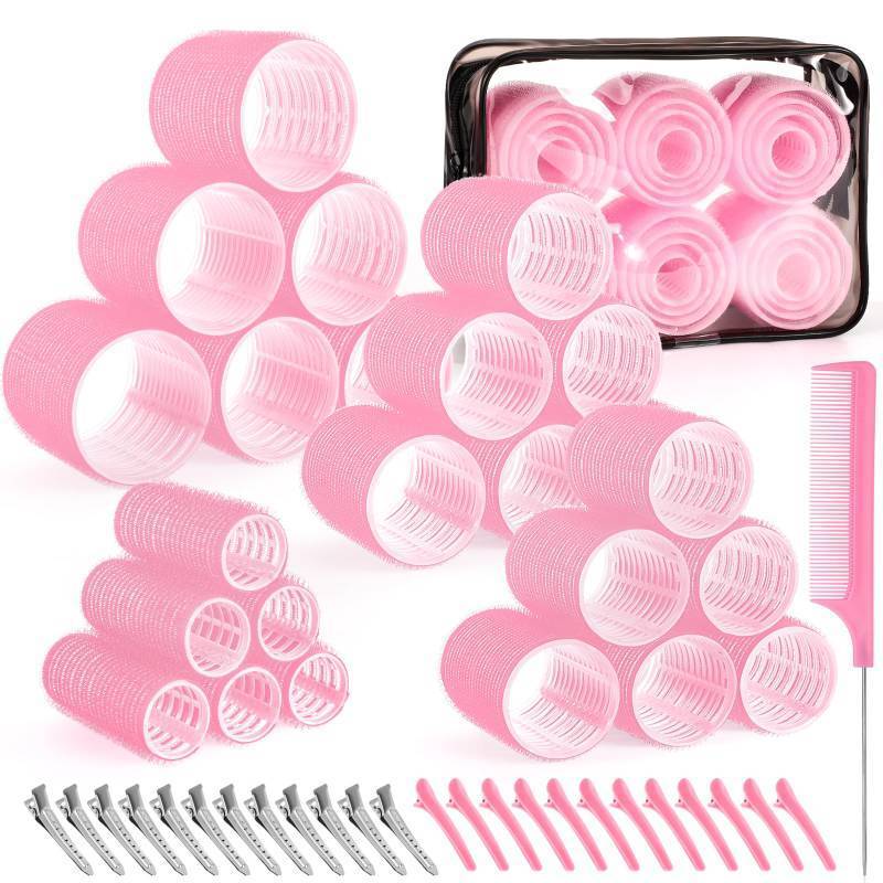 lot 51631 image: 4 Sizes Self-Grip Hair Rollers Set for Long, Short Hair and Bangs - 50 Pcs with Clips (25mm, 36mm, 48mm, 60mm), Pink - Retail $9