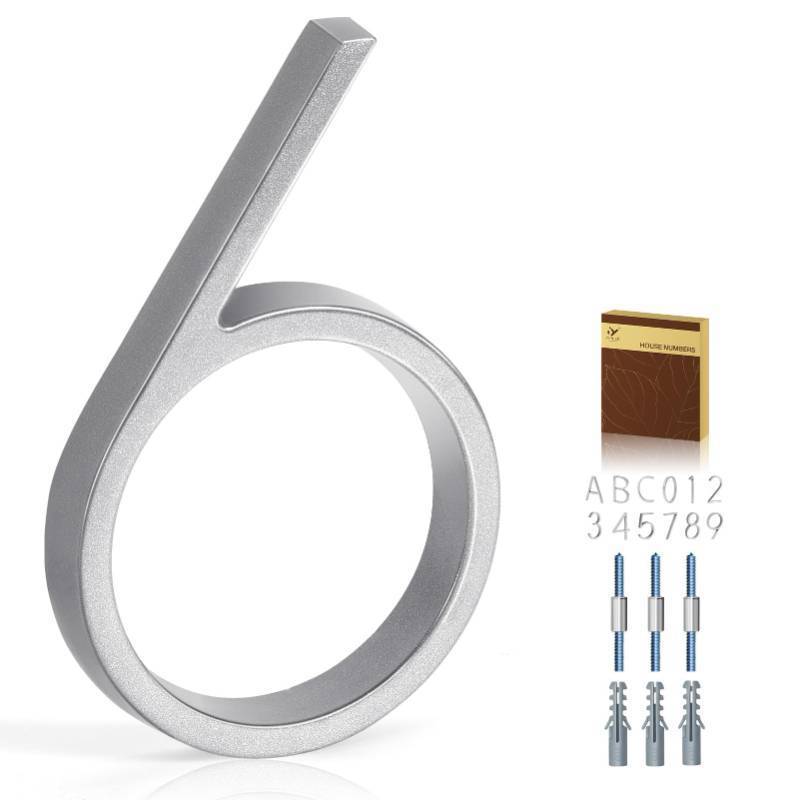 lot 39806 image: YIPLED 5 Inch House Numbers for Outside, Metal Address Number 6 - Modern Design, Weather-Resistant Silver Powder Coated Finish, No Fading (Silver) - Retail $9
