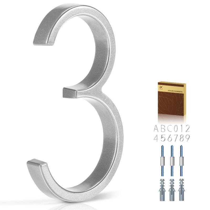 lot 39816 image: YIPLED 5 Inch House Numbers for Outside, Metal Address Number 3 - Modern Design, Weather-Resistant Silver Powder Coated Finish, No Fading (Silver) - Retail $7