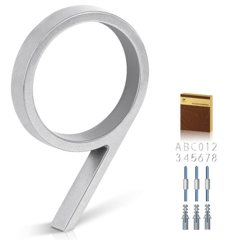 lot 39817 image: YIPLED 5 Inch House Numbers for Outside, Metal Address Number 9 - Modern Design, Weather-Resistant Silver Powder Coated Finish, No Fading (Silver) - Retail $9