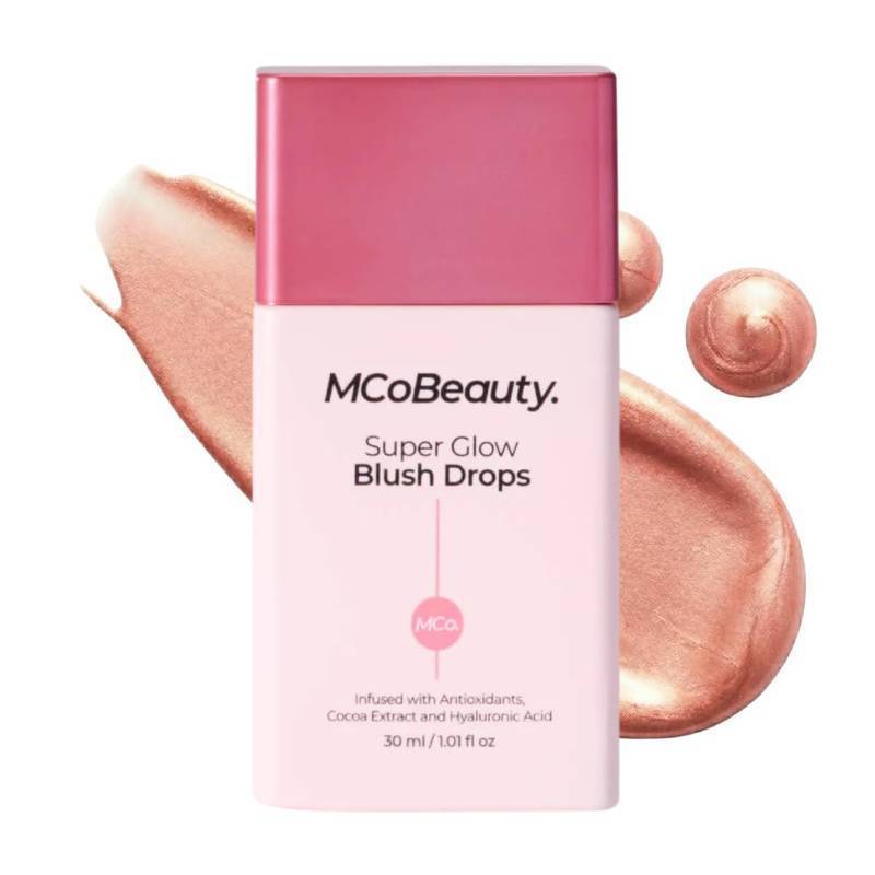 lot 39840 image: MCoBeauty - Super Glow Blush Drops - Highlighter Makeup - Shimmer Formula with Hyaluronic Acid, White Tea Extract, Cocoa Extract and More - Peachy Pink Shade Blush for Cheeks - Retail $10