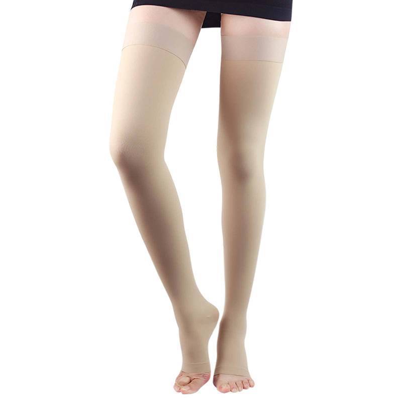 lot 39861 image: Lin Performance 20-30 mmHg Medical Compression Stockings for Women and Men Thigh High,Dot-Top,Open Toe Socks for Varicose Vein Swollen legs Travel Flight Pregnant(Beige,XL) - Retail $15