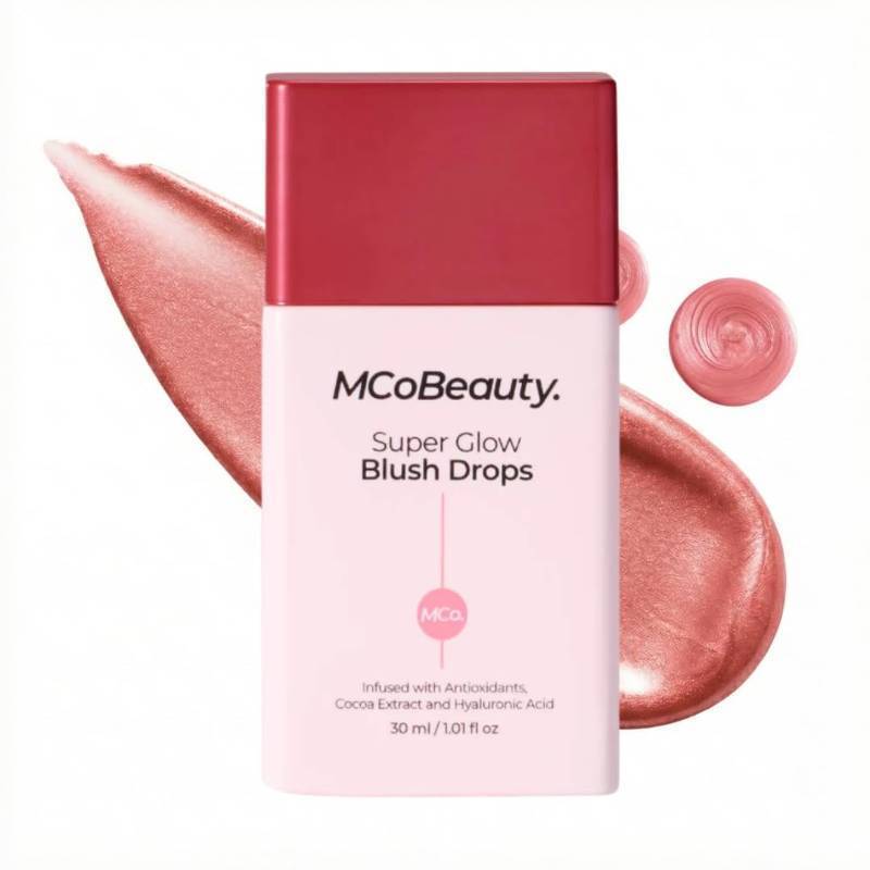 lot 39870 image: MCoBeauty - Super Glow Blush Drops - Highlighter Makeup - Shimmer Formula with Hyaluronic Acid, White Tea Extract, Cocoa Extract and More - Rose Pink Shade Blush for Cheeks - Retail $10