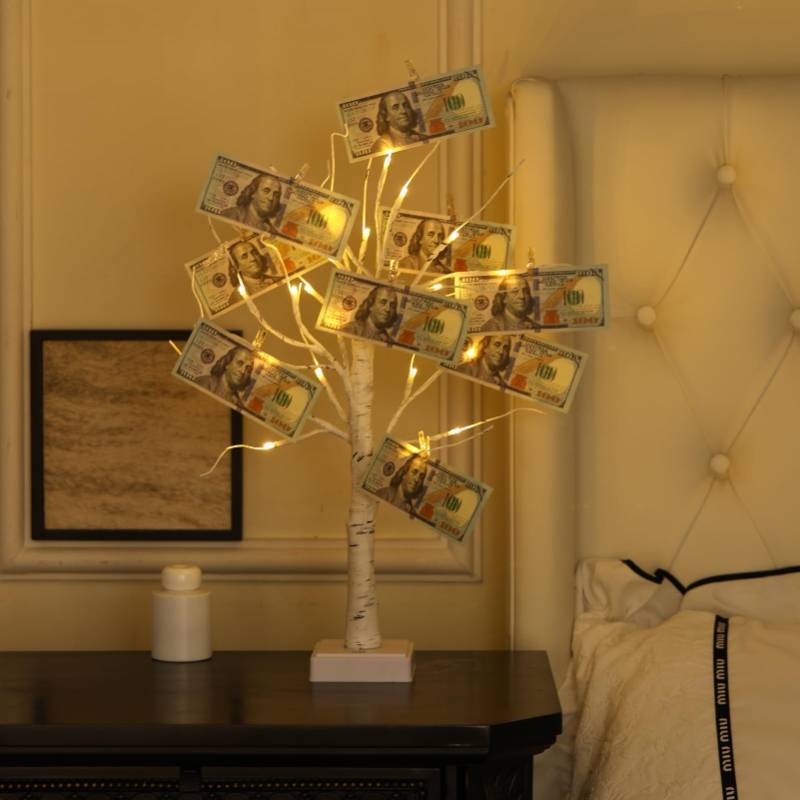 lot 48625 image: Lighted Family Tree Picture Frame Stand with 10 Pcs Hanging Photo Frames and 22 Clips Money Tree Gift Card Holder 24 LED Birch Trees for Decor Gifts Table Decor - Retail $17