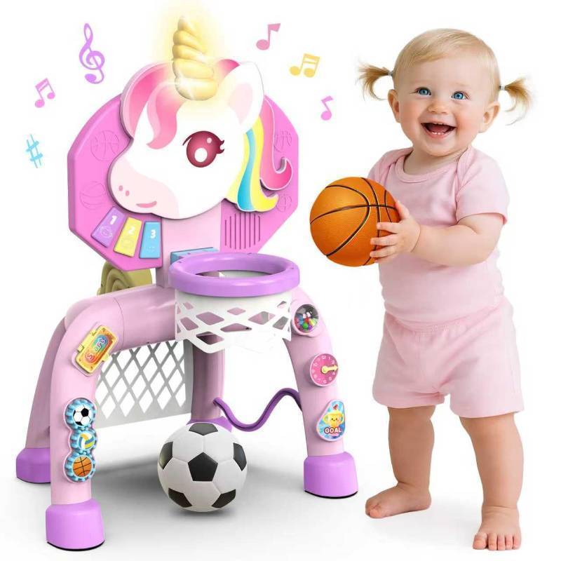 lot 48701 image: Toddler Basketball Hoop & Soccer Goal,Toys for 1 2 3 Year Old Girls Gifts Sports Toy with Light & Music,Toddler Baby Toys for 12-16-18 Months Christmas Birthday Gift for Toddlers 1-3 Years Boy Girl - Retail $30