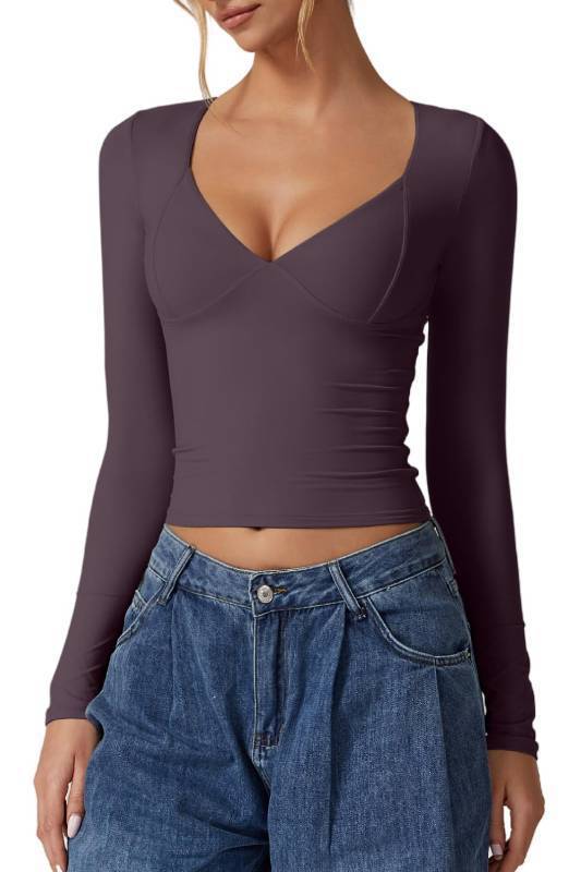 lot 51625 image: QINSEN V Neck Tops for Women Long Sleeve Crop Tops Double Lined Seamed Cup T Shirts Prune Purple S - Retail $30