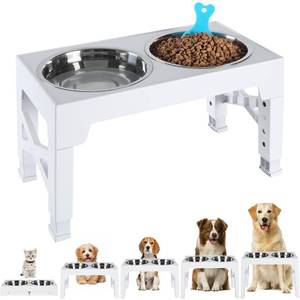 lot 26170 image: Yacee Elevated Dog Bowls with 2 Stainless Steel Dog Food and Water BowlsPet Food Scoop Raised Bowl Adjusts to 5 Heights (3.15,8.66,9.84,11.02, 12.2) for Small Medium and Large Dogs Cats (White) - Retail $25