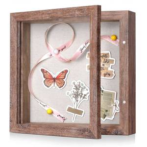 lot 26173 image: 8x8 Shadow Box Frame with Linen Back - Sturdy Rustic Memory Display Case of Flower, Pictures, Medals and More, Rustic Brown - Retail $14