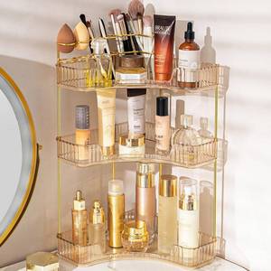 lot 26177 image: NATURES SOURCE Makeup Organizer for Vanity, 3-Tier Corner Bathroom Organizer Countertop with Makeup Brush Holder, Corner Counter Storage for Bathroom Dresser- Amber Gold - Retail $27
