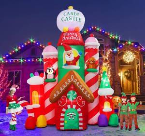 lot 26178 image: inslife Flash Light 10FT Tall Christmas Inflatable Outdoor Decoration Candy Castle with Santa Gingerbread and Penguin, Christmas Blow Up Candy Castle Inflatables for Xmas Outdoor Decorations - Retail $87