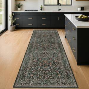 lot 26194 image: Non Slip 2x6 Kitchen Runner Rug Washable, Rubber Backed Hallway Runner Rugs, Boho Vintage Floral Botanical Dark Green Non Skid Carpet for Entryway, Bathroom, Hall Way Mats for Floor - Retail $30
