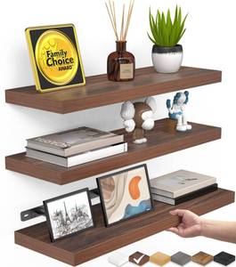 lot 26198 image: BAYKA Floating Shelves for Wall, Wall Mounted Rustic Wood Shelves for Bathroom, Bedroom, Living Room, Kitchen,Small Hanging Shelf for BooksStorageRoom Decor (Walnut-Like, Set of 3, 15.7in) - Retail $30