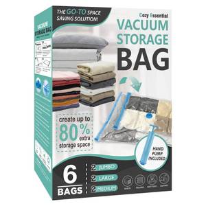 lot 26200 image: Cozy Essential 6 Pack Vacuum Storage Bags, Space Saver Bags (2 Jumbo2 Large2 Medium) Compression Storage Bags for Comforters and Blankets, Pillow, Bedding, Vacuum Sealer Bags for Clothes Storage - Retail $15