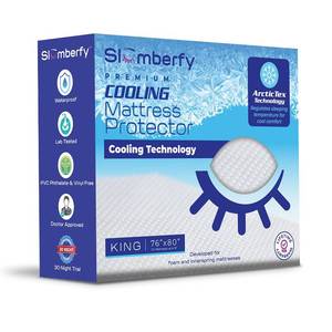lot 26216 image: Slumberfy King Size Waterproof Cooling Mattress Protector, Hypoallergenic, Noiseless, Washable, 76x80 in - Retail $58