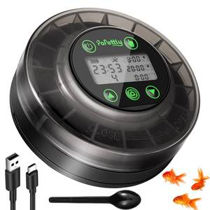 lot 26217 image: Papettly Automatic Fish Feeder for Aquarium - Auto Fish Food Dispenser for Turtle Tank with USB Cable, LCD Display, Timer, Fish Feeder for Vacation Weekend Holiday, with Feeder Spoon - Retail $27