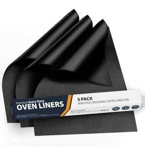 lot 30291 image: Oven Liners for Bottom of Oven - 3 Pack Large Heavy Duty Mats, 16.25x23 Non-Stick Reusable Liner for Electric, Gas, Toasters, Grills - BPA & PFOA Free Kitchen Accessory to Keep It Clean (Black) - Retail $10