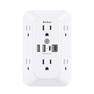 lot 30293 image: Addtam Surge Protector Outlet Extender, 6-Outlet Splitter with 4 USB Wall Charger(PD 30W), Multi Plug Wall Outlet 1800J Power Strip for Home Office Dorm Room Essentials - Retail $36