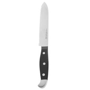 lot 30300 image: HENCKELS Statement Razor-Sharp 5-inch Serrated Utility Knife, Tomato Knife, German Engineered Informed by 100 Years of Mastery, BlackStainless Steel - Retail $17