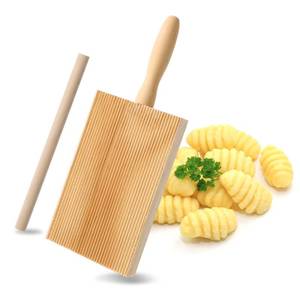lot 30319 image: Gnocchi Boards and Ravioli Rolling Pin, Wood Gnocchi Pasta Making Tools Curved Gnocchi Board Paddle Roller for Homemade Pasta for Pasta Lovers Baking (Handle Broke) - Retail $8