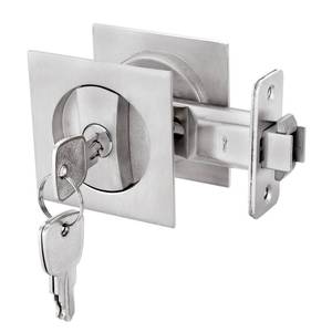 lot 40208 image: Malimali Pocket Door Lock with Key, Brushed Steel Pocket Door Hardware Square Door Lock for Privacy Sliding Door Bifold Door Locks Pocket Door Pull Handles Replacement Hardware - Retail $29