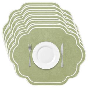 lot 40224 image: Breling Set of 6 Wedding Placemats Scalloped Embroidered Cotton Linen Placemats 17 x 13 Double Layered Machine Washable Table Place Mat for Party Table Decor(Sage Green) - Retail $27