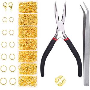 lot 40225 image: Jump Rings for Jewelry Making Kit, 1500 pcs Jewelry Repair Kit for Necklace Bracelet, Lobster Clasps and Closures Repair Supplies Kit with Pliers Tweezers-Gold - Retail $10