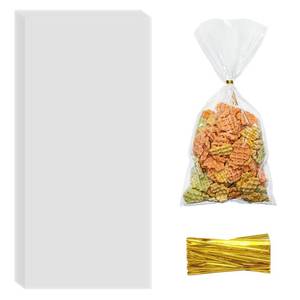 lot 40226 image: Lhocm Clear Cellophane Treat Bags, 100 Pack 10x5 Inch with Gold Twist Ties for Wedding Party Gift Wrapping - Retail $5