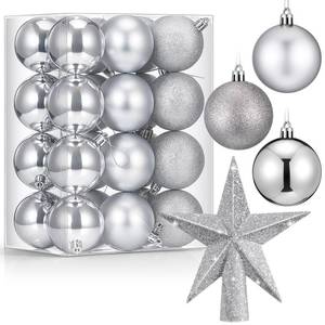 lot 40232 image: RoundFunny 25 Pcs Mini Christmas Balls Ornaments Set 2.36 Inch Christmas Day Ball Topper Star Tree Hanging Ornaments for Party Decoration(Silver) - Retail $16