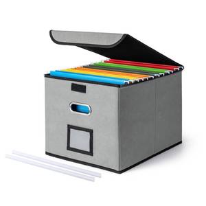 lot 40238 image: CADONO File Organizer Box with Lid, Large Hanging File Folder Organizer with Plastic Slide, Collapsible Portable Filing Storage Boxes for OfficeDecorHome (Grey, 14.9 x 12.59 x 10.8 inch) - Retail $14
