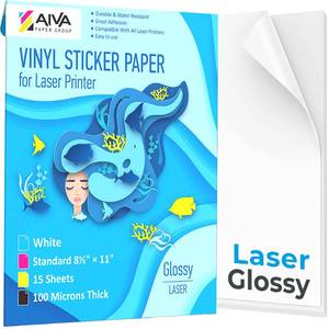 lot 40239 image: Printable Vinyl Sticker Paper for Laser Printer - Glossy White - 15 Self-Adhesive Sheets - Waterproof Decal Paper - Standard Letter Size 8.5x11 - Retail $14