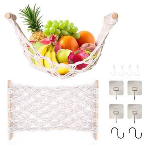lot 40246 image: DIBALIYI Fruit Basket Hammock Under Cabinet Adhesive, Woven Vegetable Hanging Basket, Fruit Storage for Kitchen with Banana Hook, Mesh Fruits Holder Organization for Home Dining Room Decor (1Pcs) - Retail $10